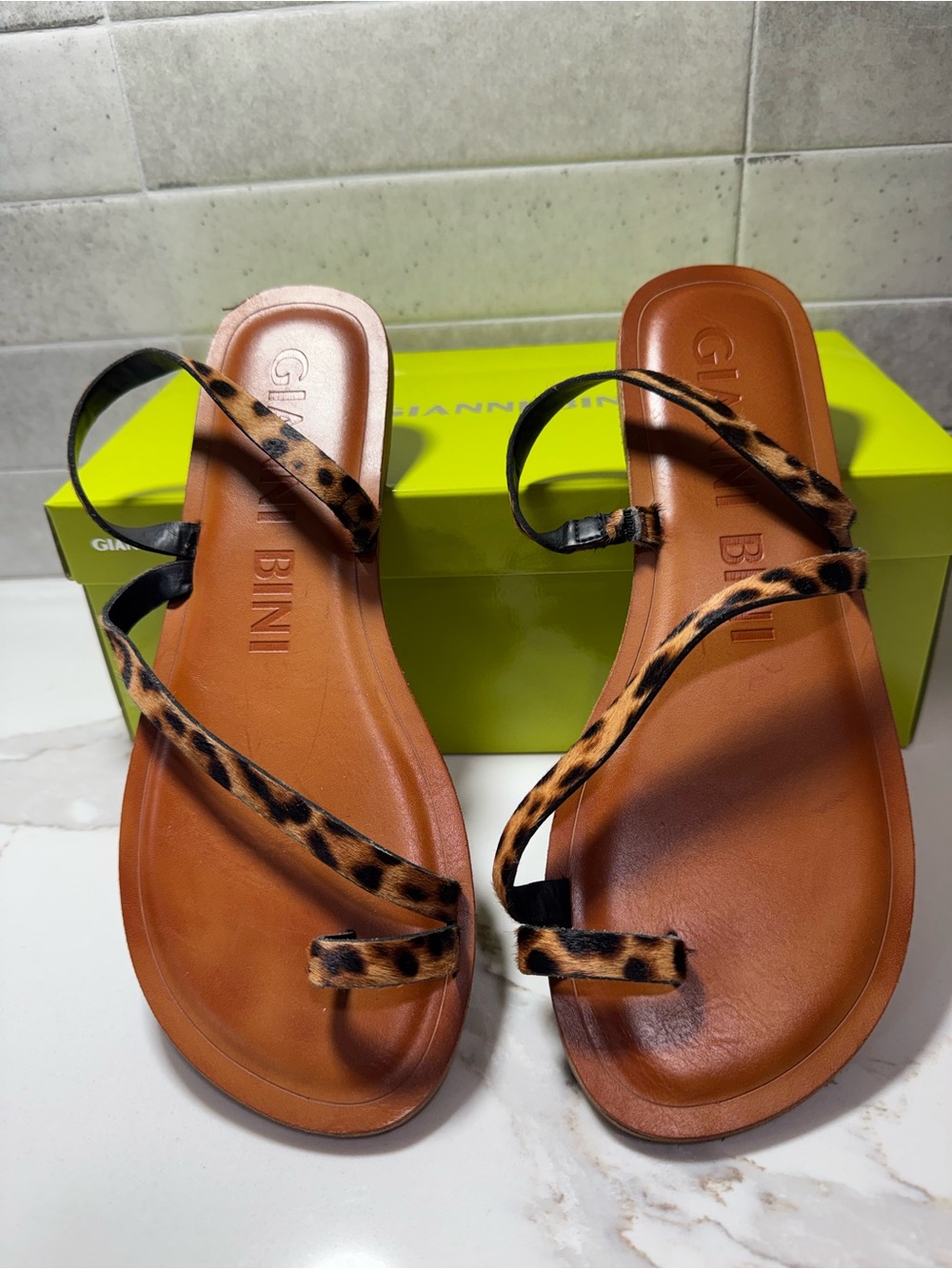 GIANNI BINI Brown Leather Sandals with Leopard-Print Straps - Picture 5 of 7